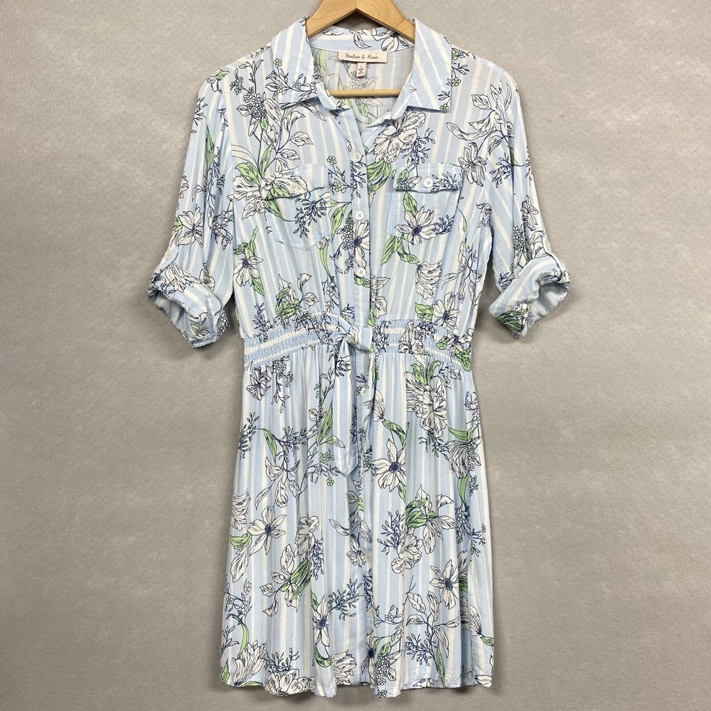 Harlow & Rose Women L Shirt Dress Blue White Floral Striped Roll Tab Sleeve